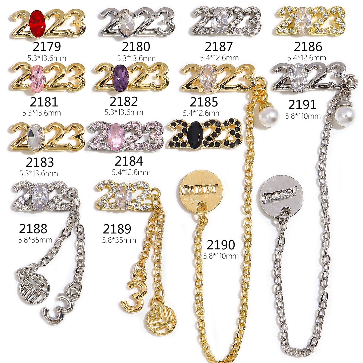 NZJ029 Nails Art Zircon Gold Metal Nails Designers Charms Luxury Flexible Press On Alloy New Year's nail accessories 2023