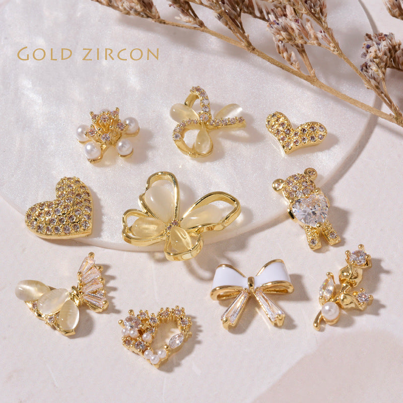 NZJ059 New cat eye butterfly 3D love bear jewelry bow luxury alloy zircon nail decoration