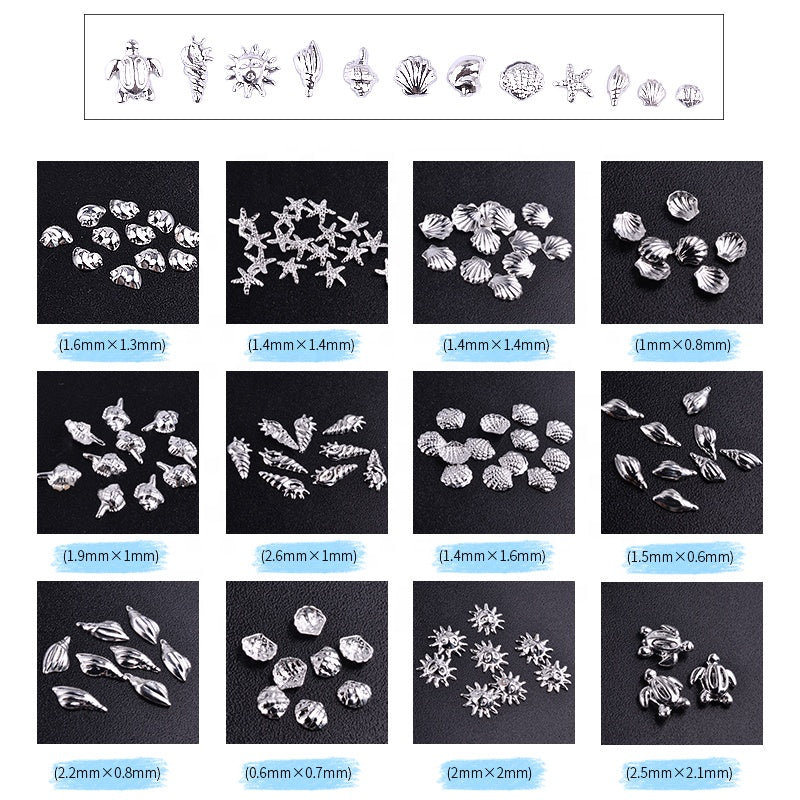 NAW010 Metal Rivet Ocean Series Silver Starfish Shell 3d Metal Hollow Nail Art Stud Decoration Manicure Nail Wheel
