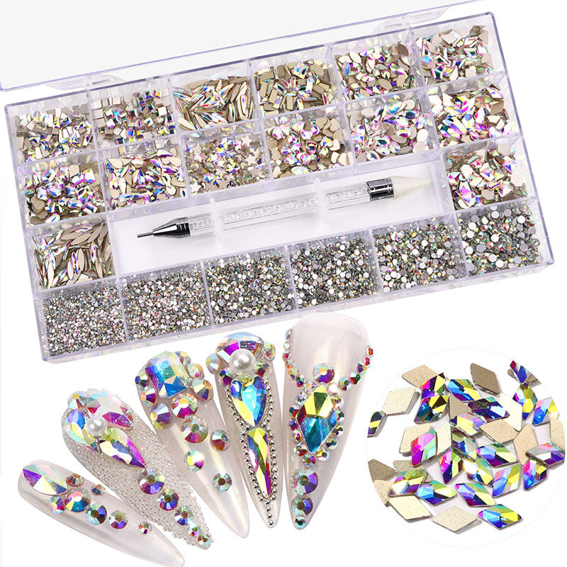 NRB018 21 Grids Mixed Color Micro Diamond Nail Art Flat Glass Round Shaped Rhinestone Box Nail Art Accessories DIY Set