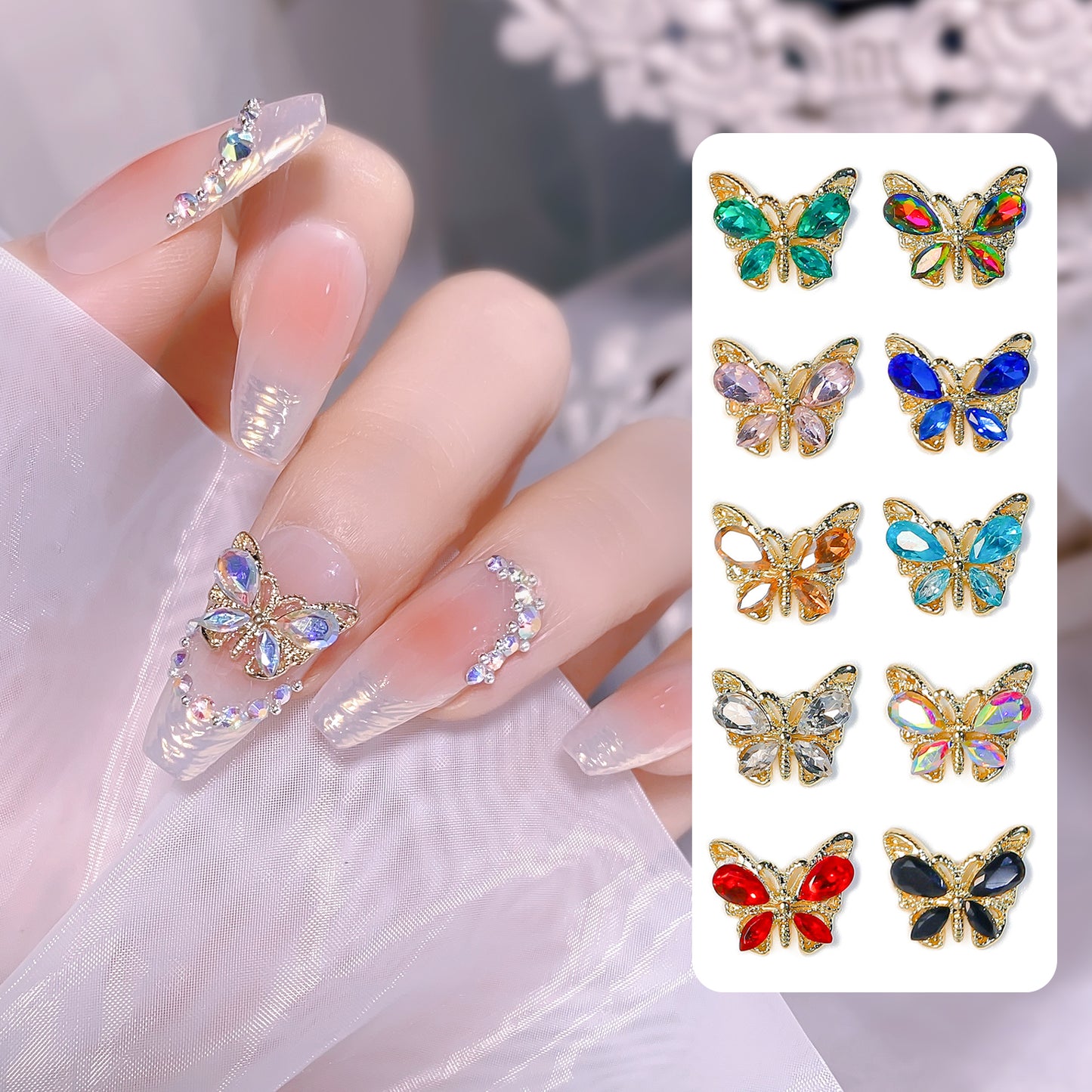 NZJ049 New luxury shiny 3D alloy crystal butterfly zircon nail accessories wholesale