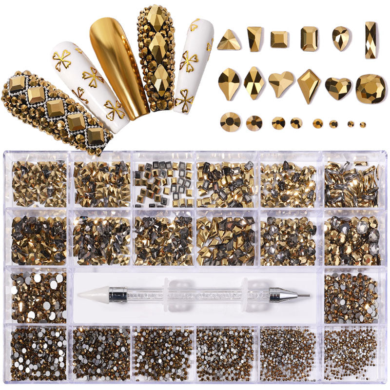NRB005 Gold Nail Art Mix Shape Fancy Shaped In Box Flat Bottom Glass nail rhinestone art decoration gold rhinestones