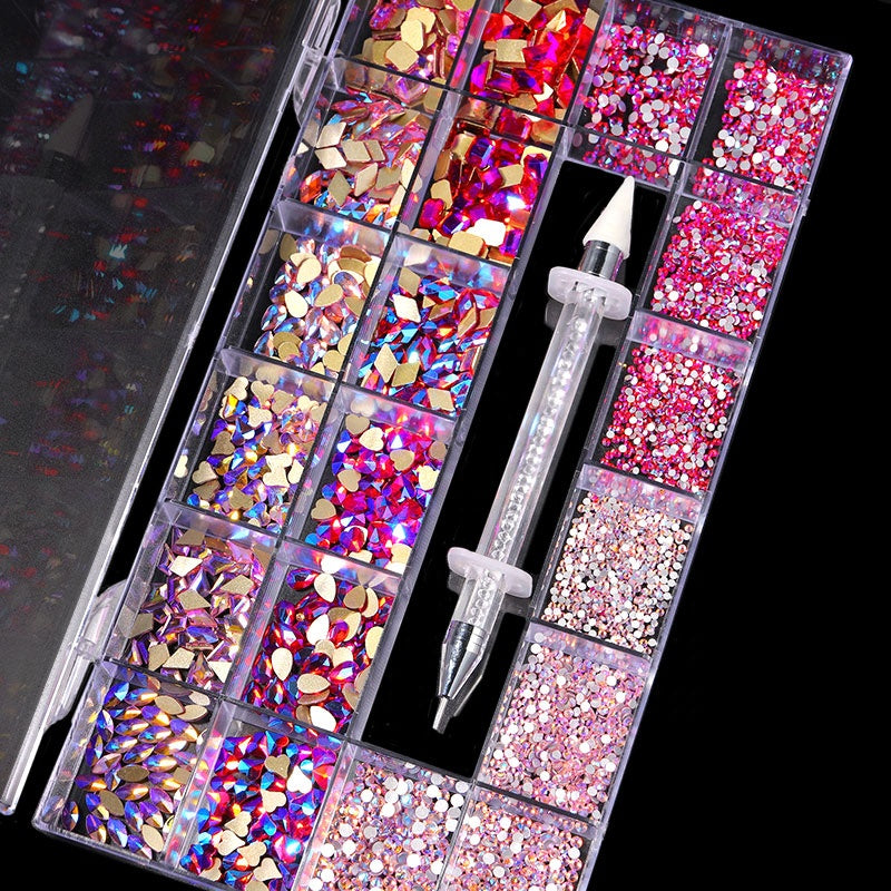 NRB011 3D Diamond Colorful Boxed Nail Rhinestone Glitter Flat Glass Shaped Nail Art Decoration Accessories Shiny Jewelry Set