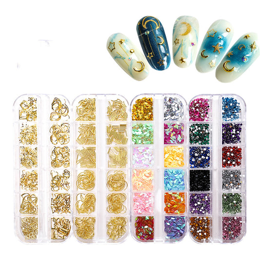 NDE050 Hot Selling Nail Rhinestone 12 Grid Boxed Mixed Rivet Jewelry Symphony Pearl Sequin Chain Nail Accessories