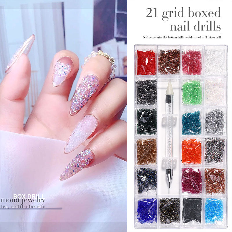 NRB018 21 Grids Mixed Color Micro Diamond Nail Art Flat Glass Round Shaped Rhinestone Box Nail Art Accessories DIY Set