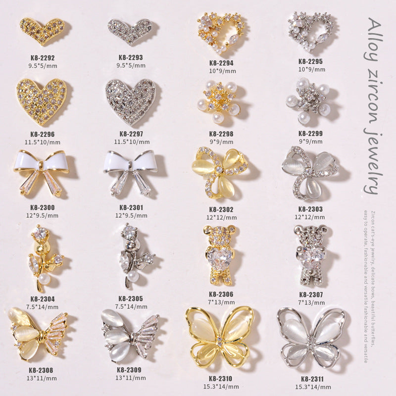 NZJ059 New cat eye butterfly 3D love bear jewelry bow luxury alloy zircon nail decoration