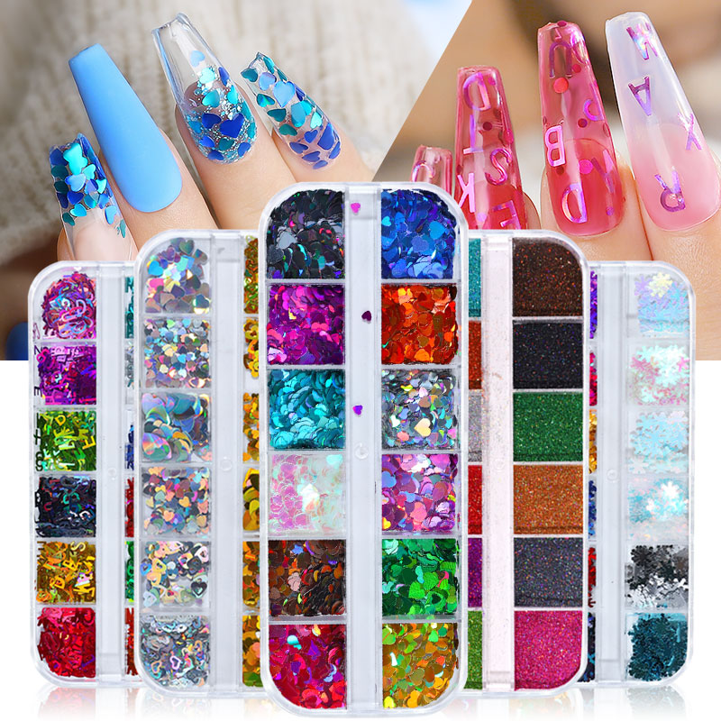 NDE035 ForLife Heart Shape Nail Glitter laser Sequins 3D Nail Art Decorations Flakes Tips 12 Color DIY Manicure sequins