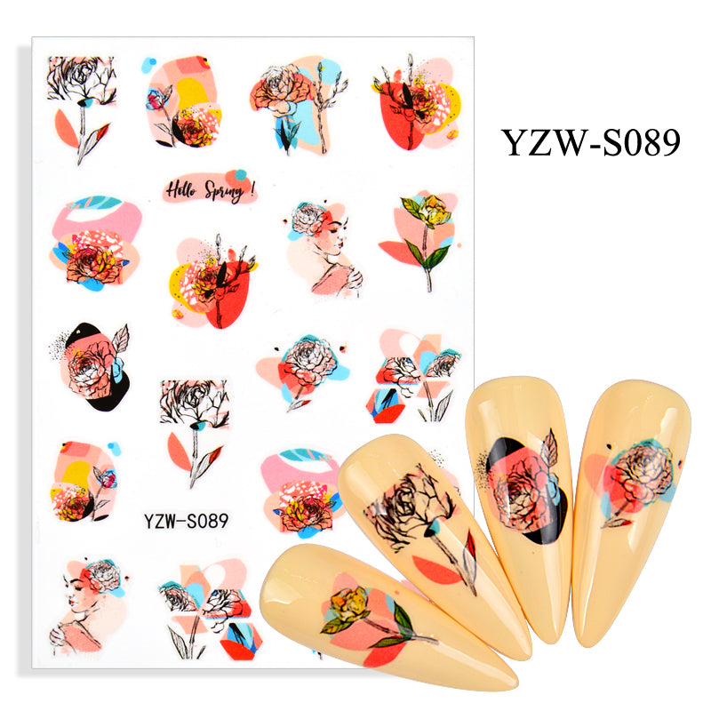 NS5D008   Black Lines Flower Leaves Water Decals Stickers Plant simple line nail stickers