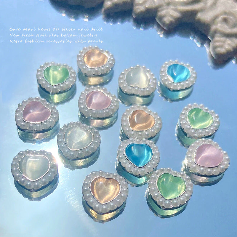 NZJ013 Nail Art Pearl Heart Jewelry Alloy Exquisite Inlaid Color Opal Nail Art Decoration