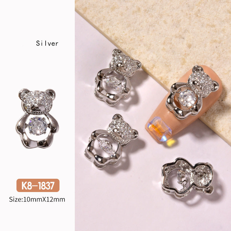 NZJ061 Nail Art Zircon Smart Bear Beating Heart Luxury Real Gold Color Preserving 3D Nail Jewelry Bear