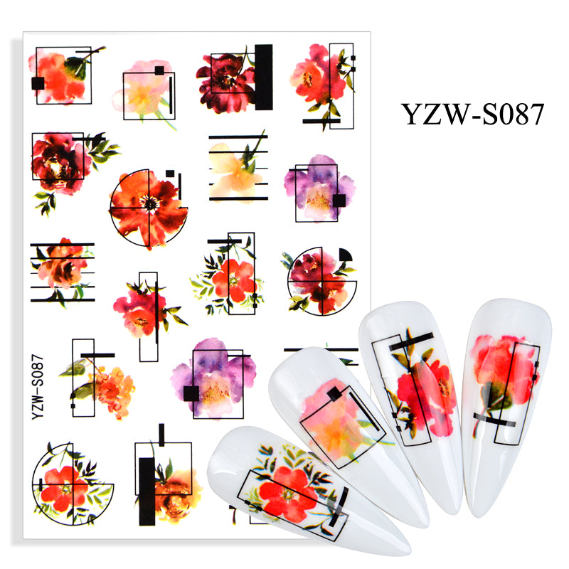 NS5D008   Black Lines Flower Leaves Water Decals Stickers Plant simple line nail stickers