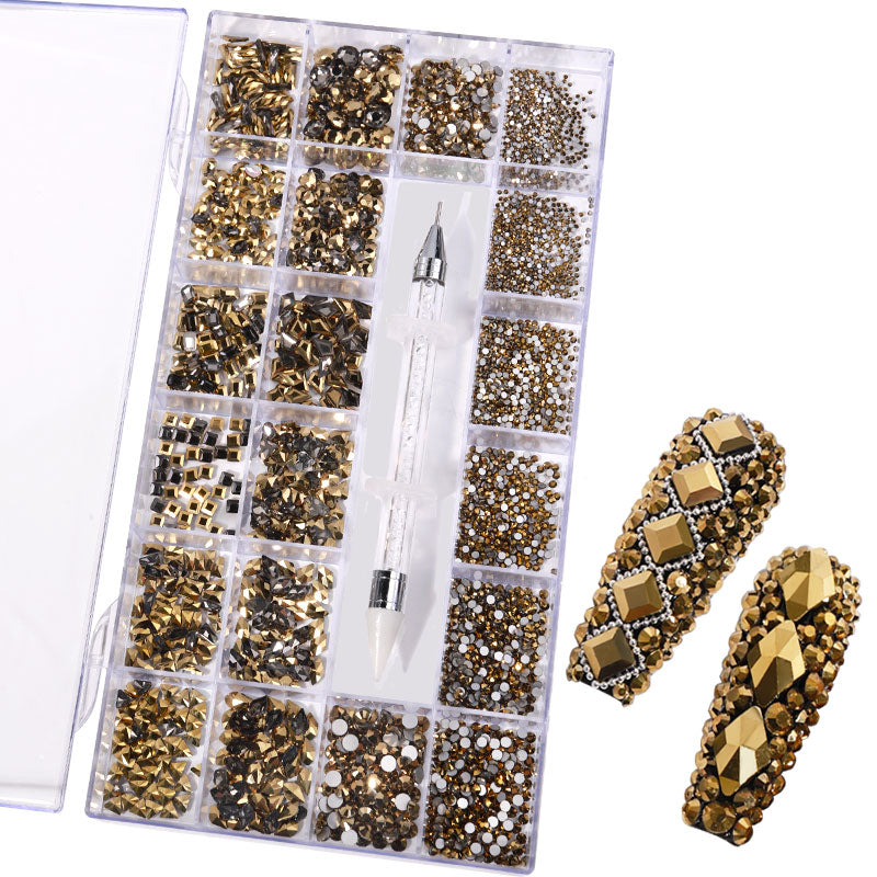 NRB005 Gold Nail Art Mix Shape Fancy Shaped In Box Flat Bottom Glass nail rhinestone art decoration gold rhinestones
