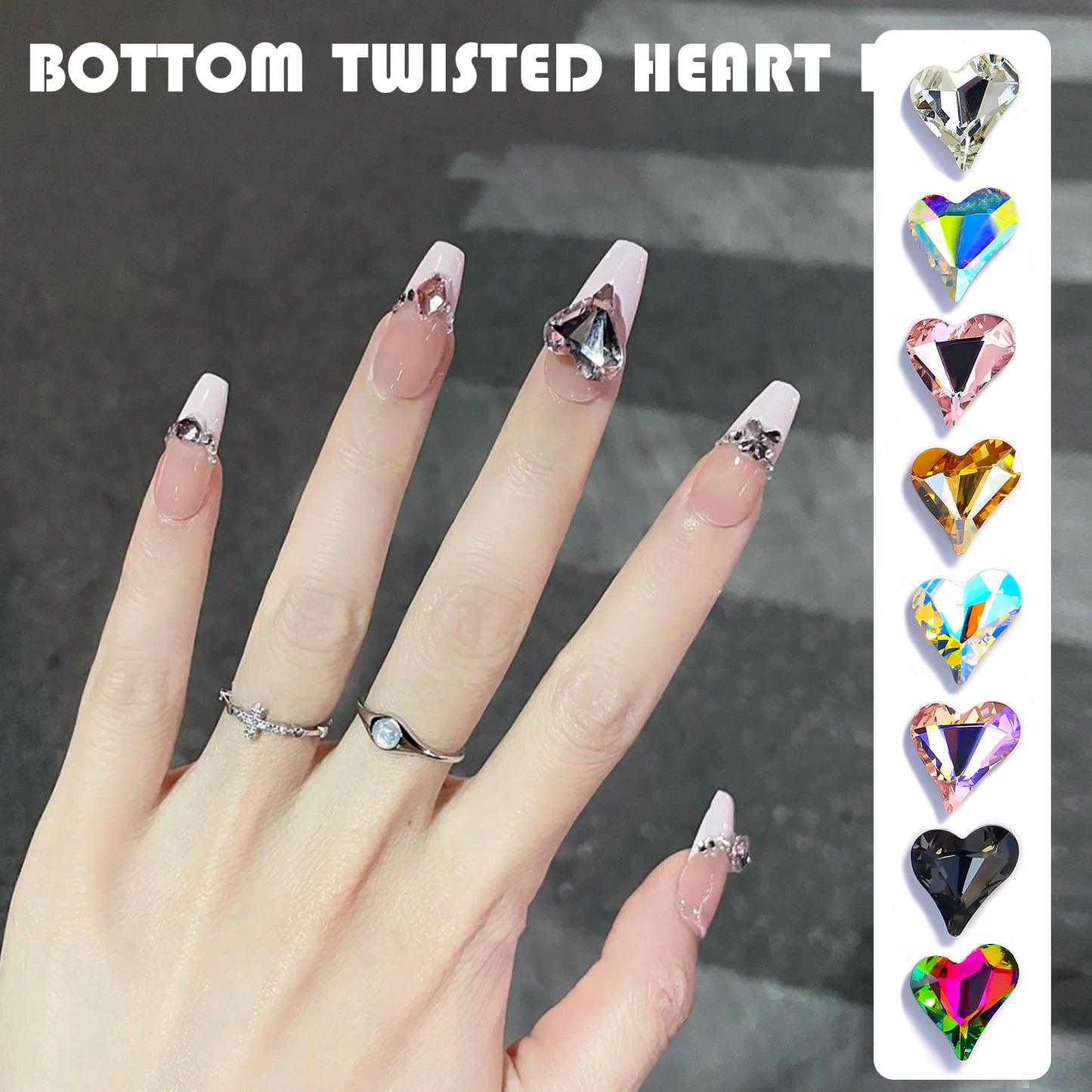 NZJ027 Large Nail Art Rhinestone Pointed Bottom Crooked Heart High Quality Glass Stone Fashion Fingernail DIY Decoration Accessories