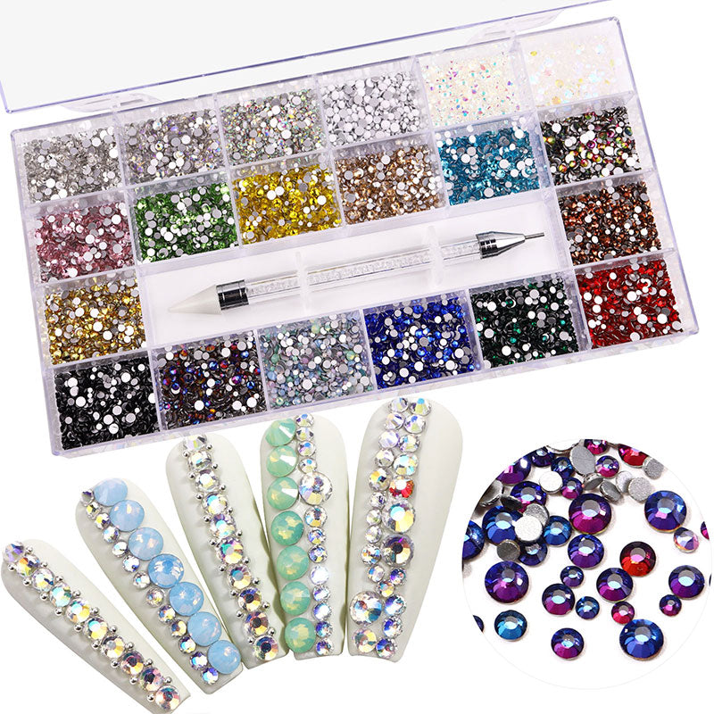 NRB018 21 Grids Mixed Color Micro Diamond Nail Art Flat Glass Round Shaped Rhinestone Box Nail Art Accessories DIY Set
