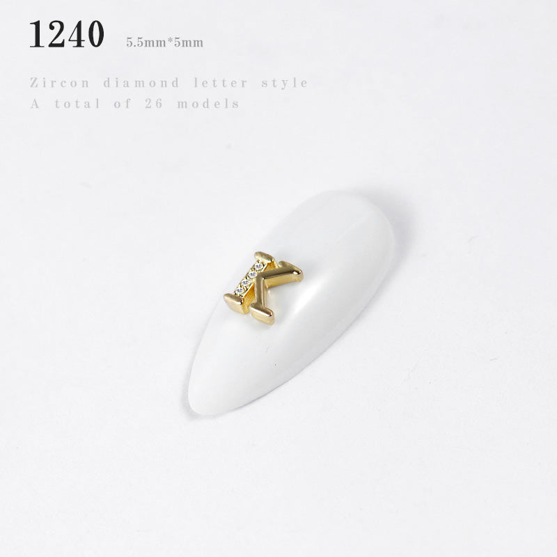 NZJ056 Alloy Crystal Nail Rhinestones 3d Charm 26 letters Decorations Metal Studs Zircon jewelry For DIY Nail Art