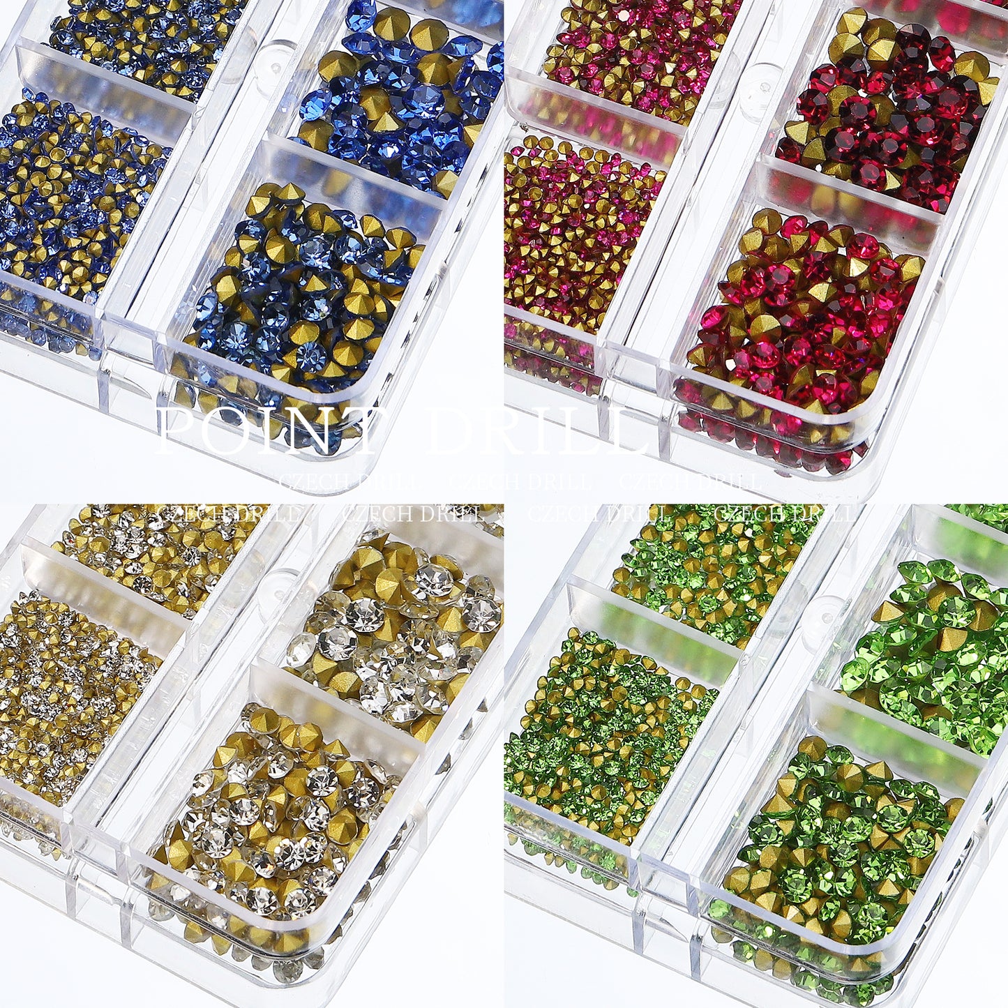 NRS031 6 grids/box pointed bottom colored glass rhinestones pink blue nail art rhinestone decoration