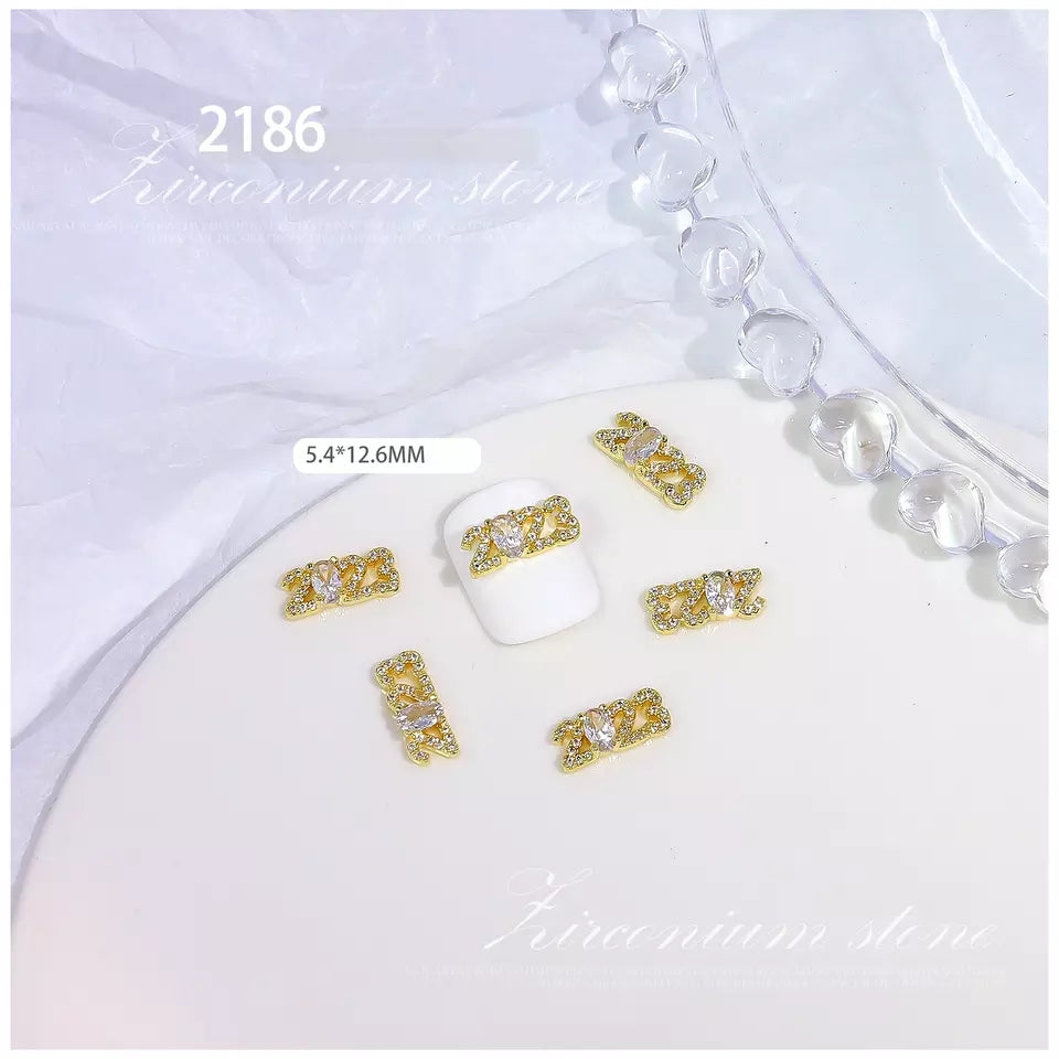 NZJ029 Nails Art Zircon Gold Metal Nails Designers Charms Luxury Flexible Press On Alloy New Year's nail accessories 2023