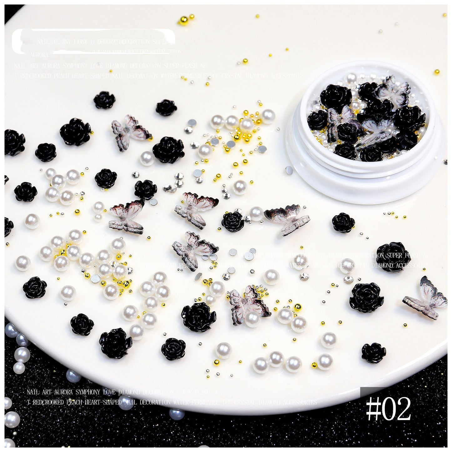 NZJ024 1 Box Rose Flower Black Little Magic Box Set Nail Art Decoration Camellia Pearl Bow Knot Mixed 3D Fingernail DIY Accessories