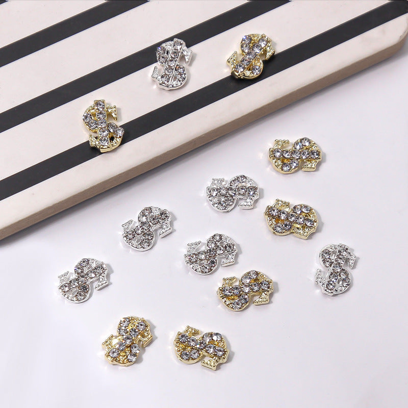 NZJ067 Nail Jewelry Gold Silver Dollar Coin Symbol Light Luxury Flash Diamond 3D Nail Jewelry