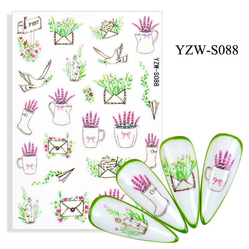 NS5D008   Black Lines Flower Leaves Water Decals Stickers Plant simple line nail stickers