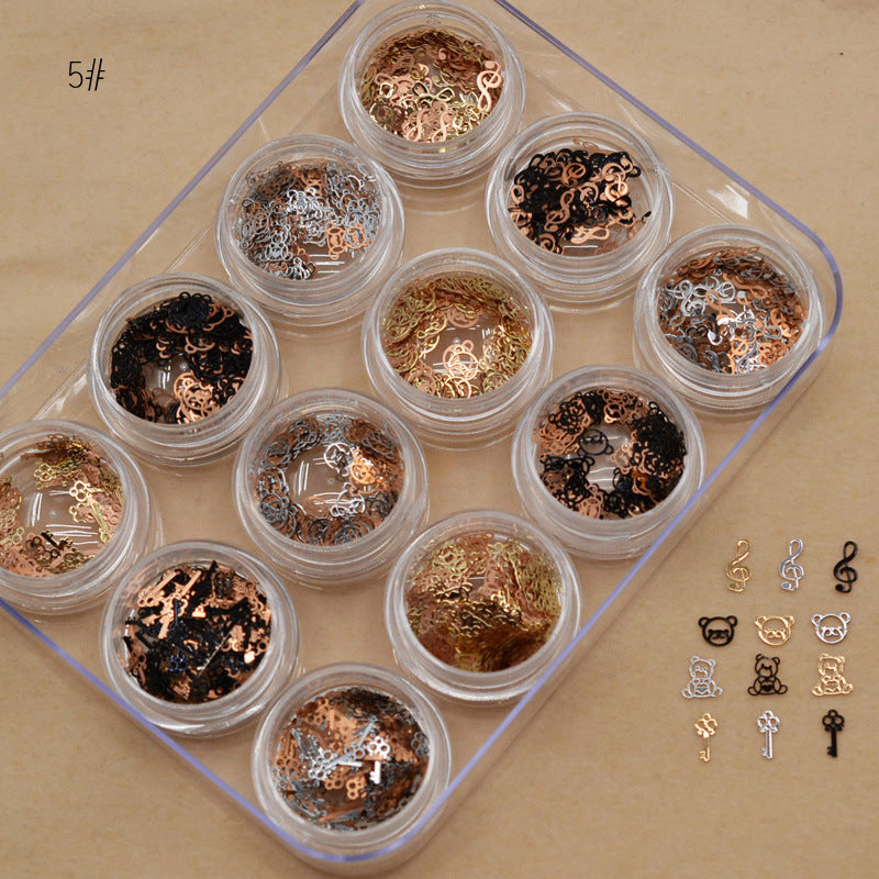 NRD012 1 box Gold Hollow Out Nail Glitter Sequins Mixed Flowers Star Designs Metal Thin Slice Paillette Polish Nails