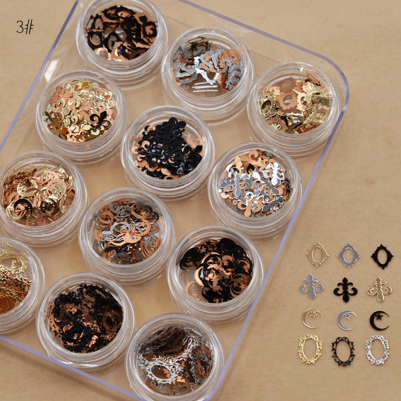 NRD012 1 box Gold Hollow Out Nail Glitter Sequins Mixed Flowers Star Designs Metal Thin Slice Paillette Polish Nails