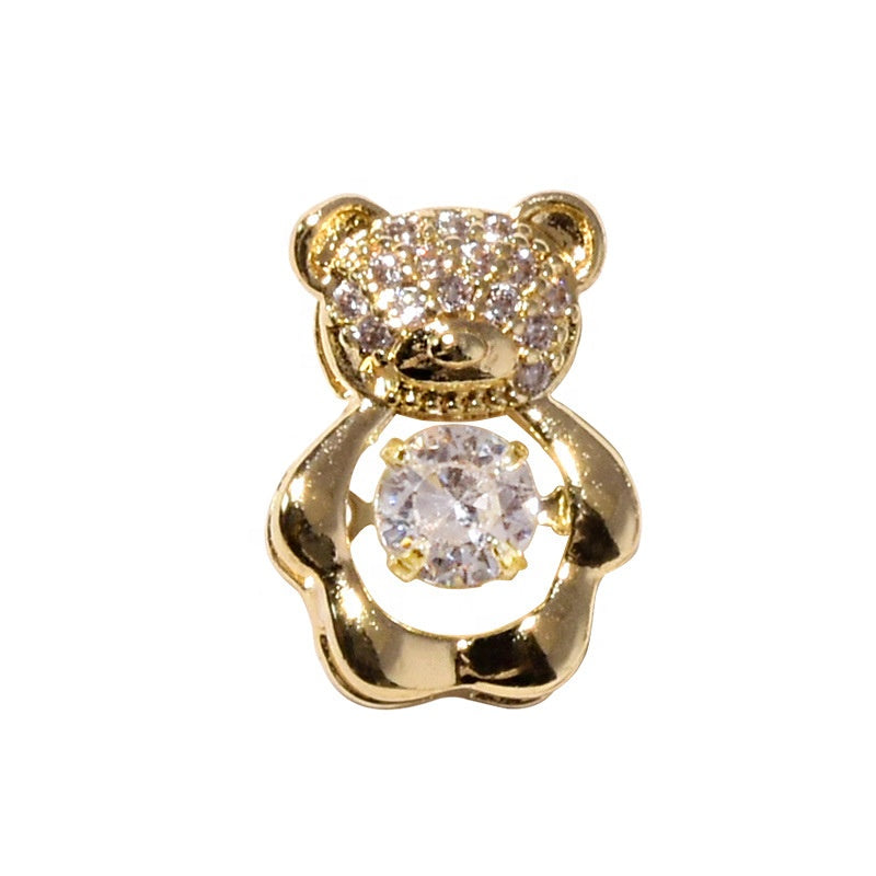 NZJ061 Nail Art Zircon Smart Bear Beating Heart Luxury Real Gold Color Preserving 3D Nail Jewelry Bear