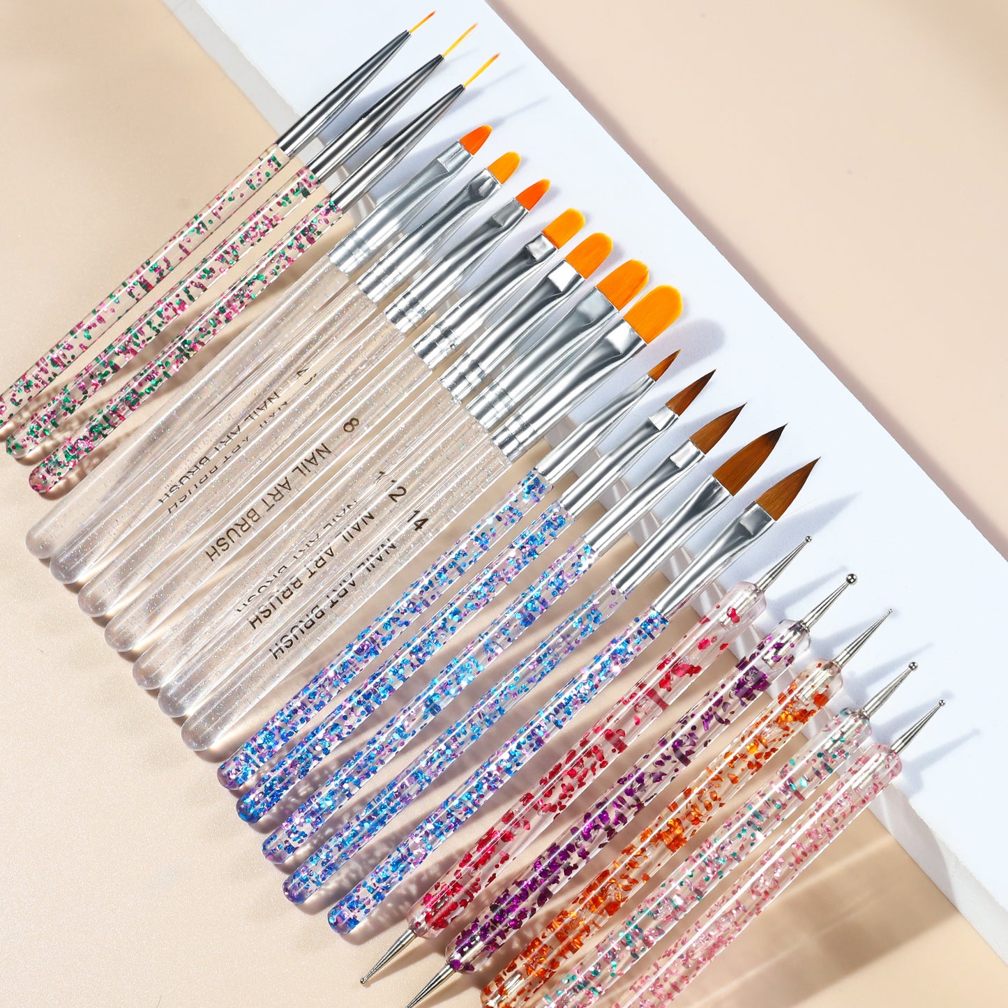 NBR038 20pcs Sequins Crystal Nail Brush Set Acrylic Handle Nylon Hair Carved Line Nail Art Painting Pen Nail Dotting Pen Set