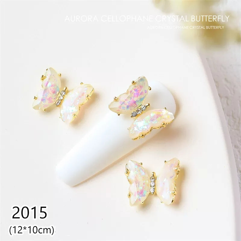 NZJ030 3D Crystal Butterfly Nail Art Charms Aurora Clear Glass Rhinestone AB Color Shiny Alloy