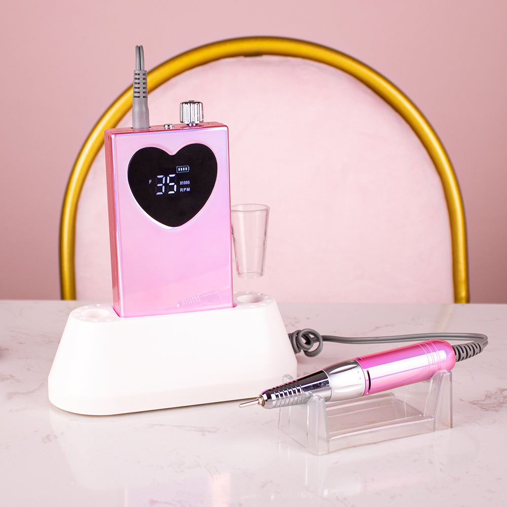 FNDM016 New Heart shape Portable Cordless Rechargeable Desktop Nail Drill Machine with 35000 rpm electric nail drill E file