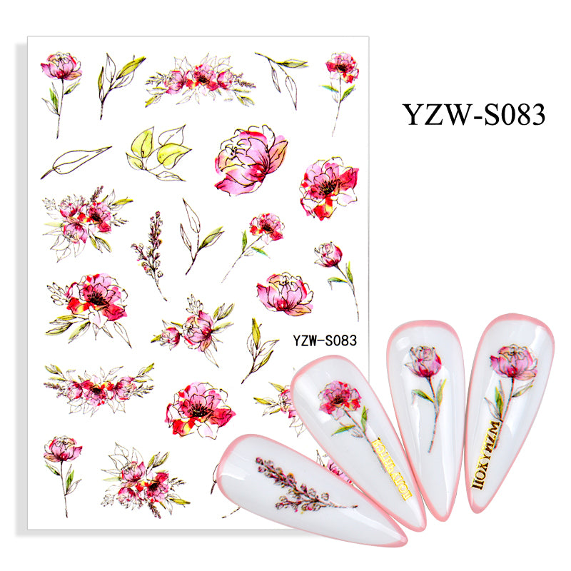 NS5D008   Black Lines Flower Leaves Water Decals Stickers Plant simple line nail stickers