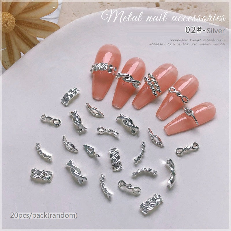 NZJ011 20Pcs/bag Braided Twist Rope Metal Nail Art Jewelry Hollow Rope Knot Zircon Jewelry Alloy Nail Art Decorations