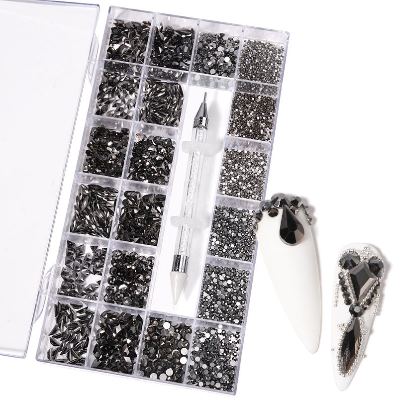 NRB008 Crystal black Nail Art Mix Shape Fancy Shaped In Box Flat Bottom Glass nail rhinestone art decoration black rhinestones