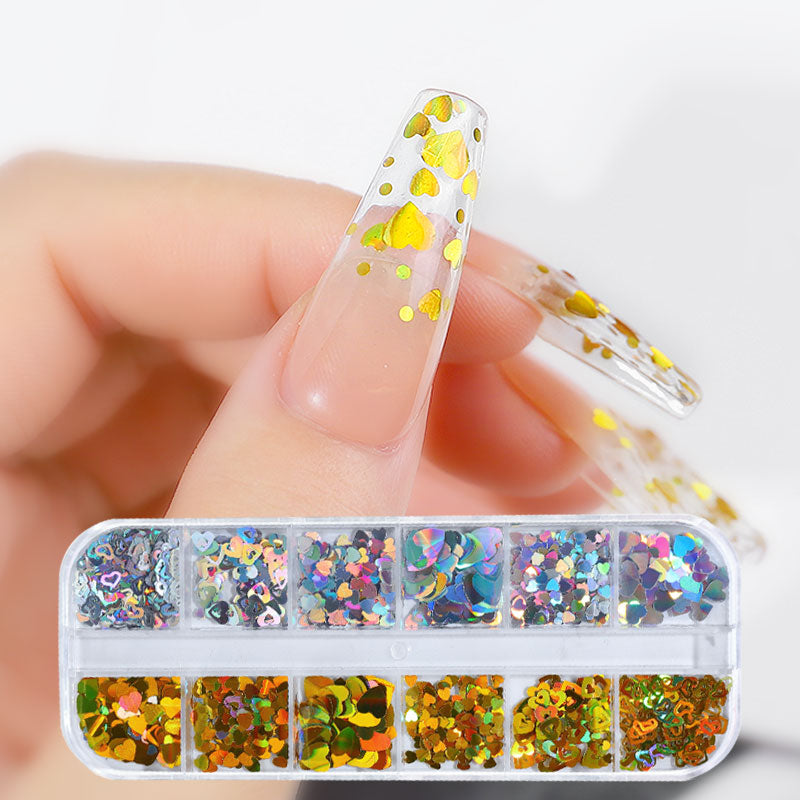 NDE035 ForLife Heart Shape Nail Glitter laser Sequins 3D Nail Art Decorations Flakes Tips 12 Color DIY Manicure sequins