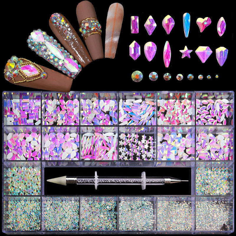 NRB017 Shiny Crystal AB White Rainbow Nail Art Mix Shape Fancy In Box Flat Bottom Glass nail rhinestone art decoration rhinestones
