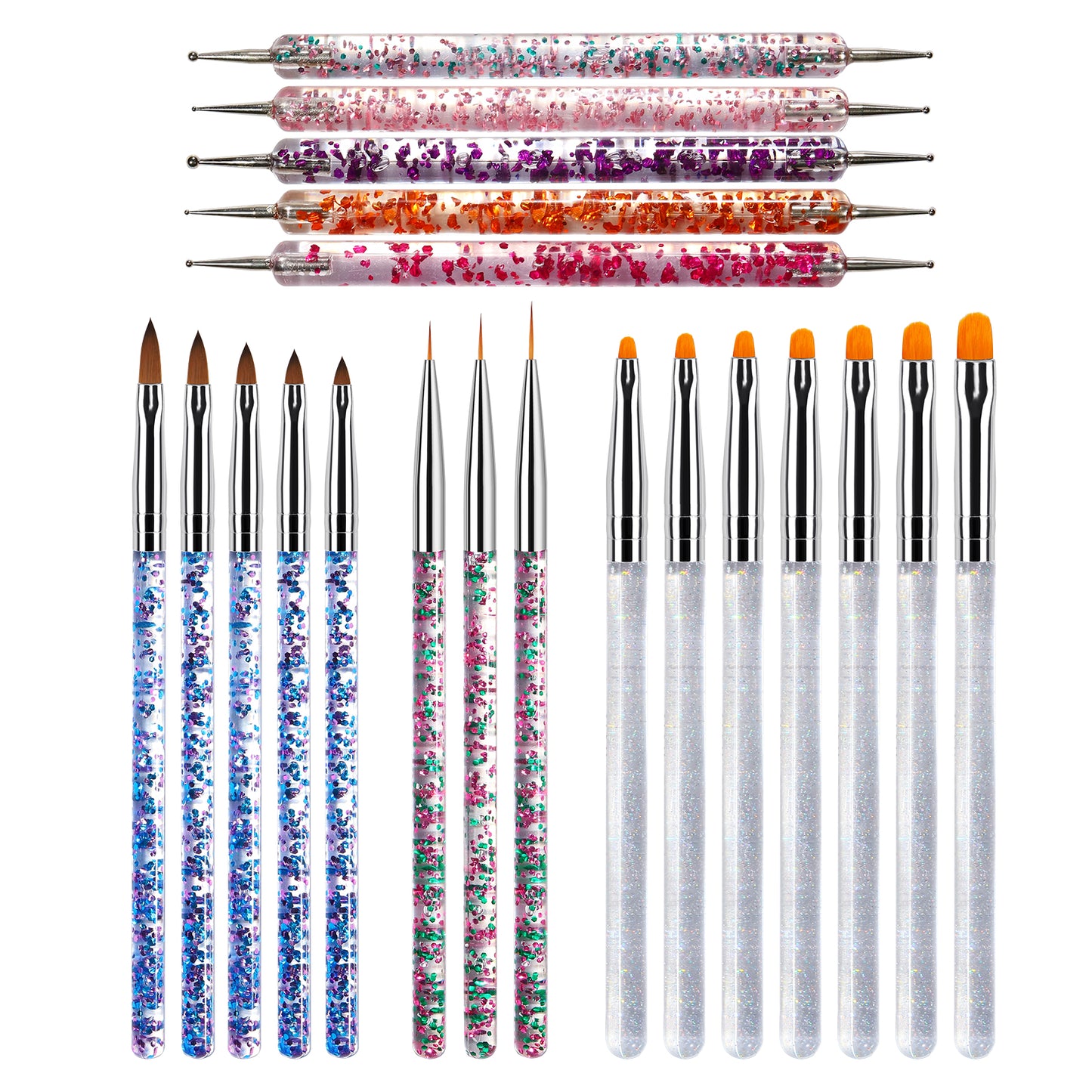 NBR038 20pcs Sequins Crystal Nail Brush Set Acrylic Handle Nylon Hair Carved Line Nail Art Painting Pen Nail Dotting Pen Set