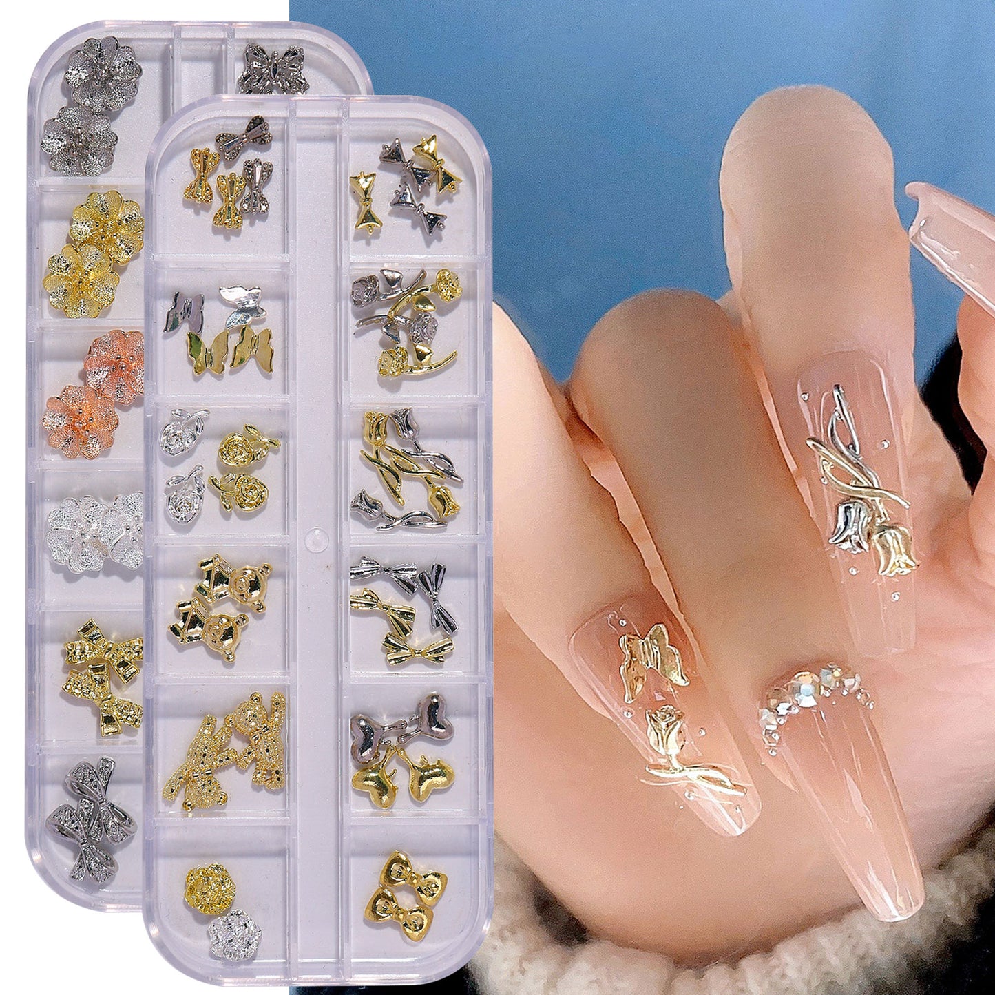 NZJ051 Factory wholesale new alloy pearl rhinestone crystal butterfly box nail jewelry