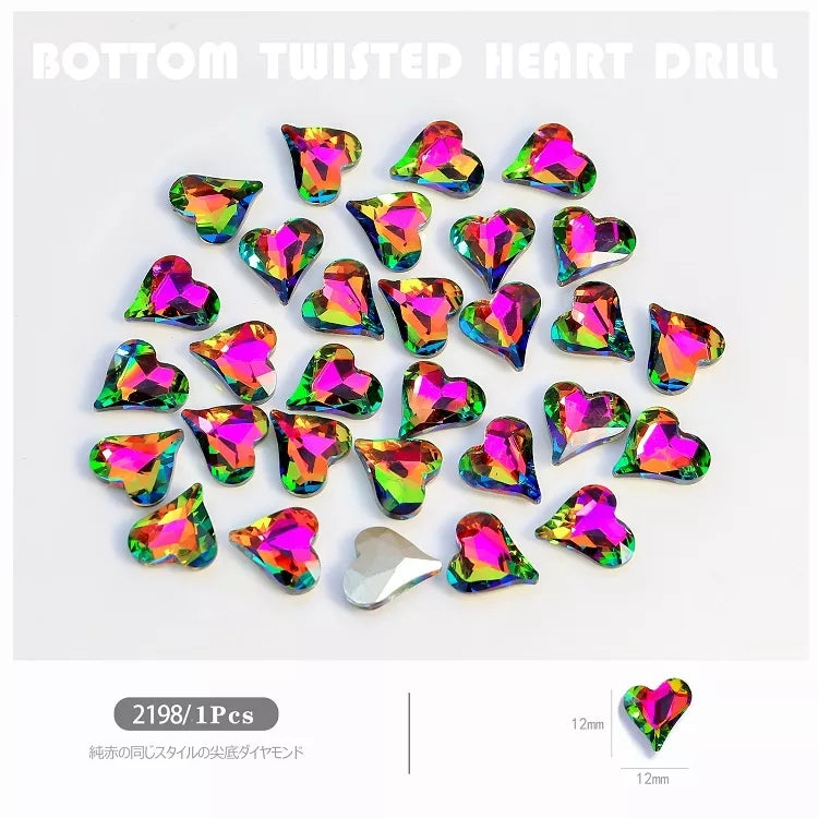 NZJ027 Large Nail Art Rhinestone Pointed Bottom Crooked Heart High Quality Glass Stone Fashion Fingernail DIY Decoration Accessories