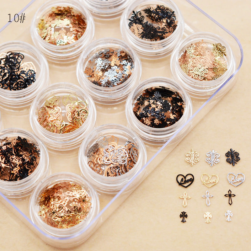 NRD012 1 box Gold Hollow Out Nail Glitter Sequins Mixed Flowers Star Designs Metal Thin Slice Paillette Polish Nails