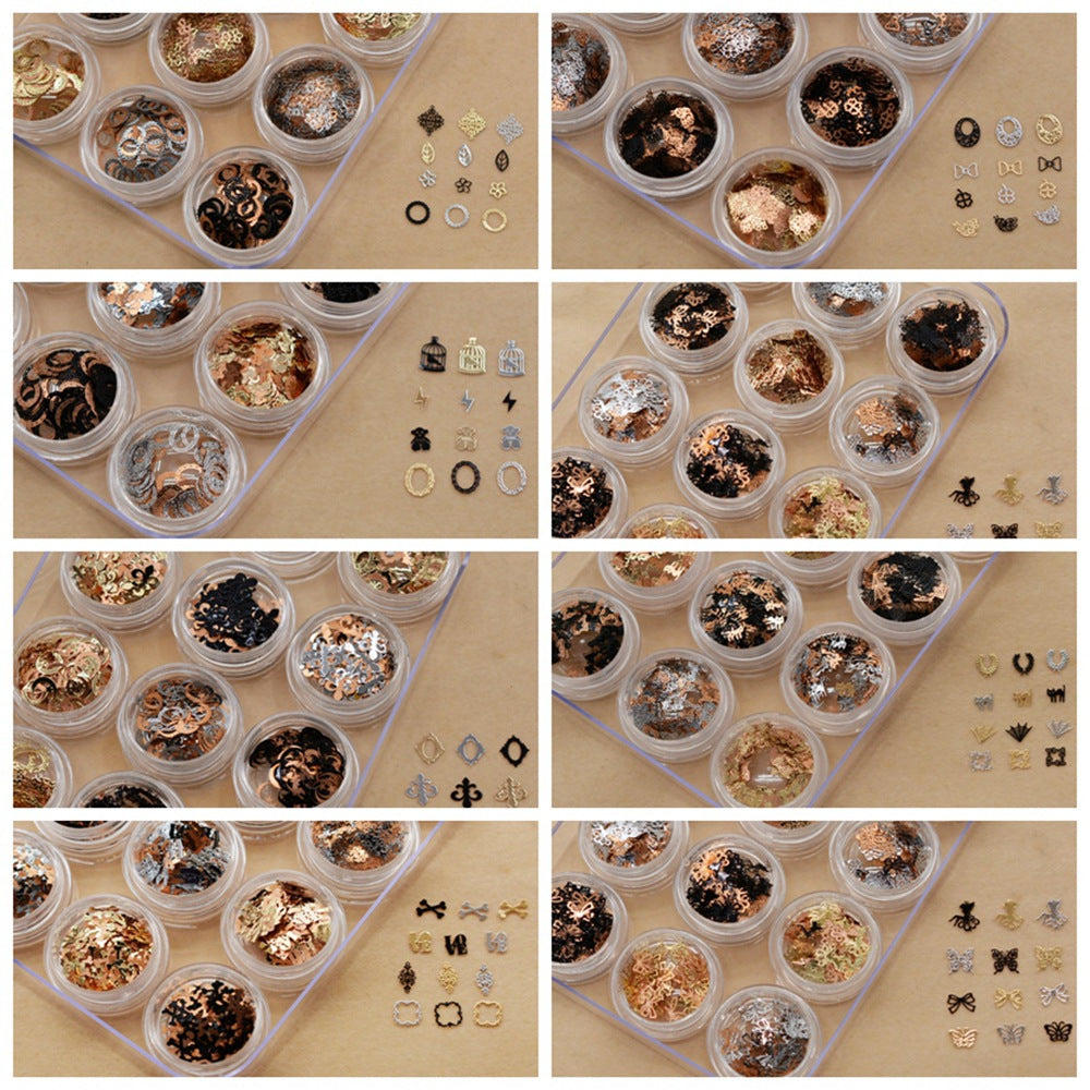 NRD012 1 box Gold Hollow Out Nail Glitter Sequins Mixed Flowers Star Designs Metal Thin Slice Paillette Polish Nails