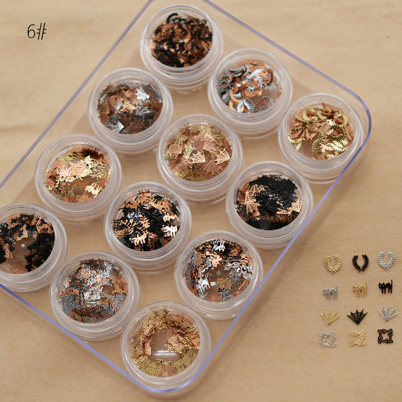 NRD012 1 box Gold Hollow Out Nail Glitter Sequins Mixed Flowers Star Designs Metal Thin Slice Paillette Polish Nails