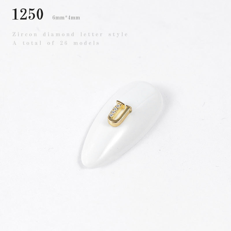 NZJ056 Alloy Crystal Nail Rhinestones 3d Charm 26 letters Decorations Metal Studs Zircon jewelry For DIY Nail Art