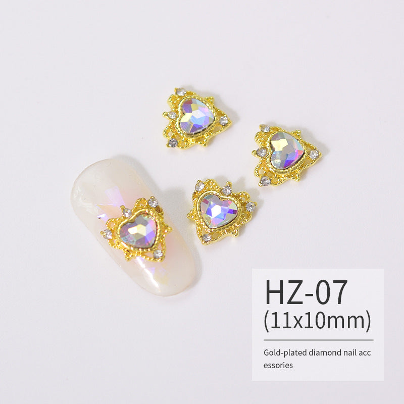 NZJ004 Luxury Metal Heart Alloy Nail Charms 3D Nail Art Rhinestone Crystal Zircon For Manicure Decoration Accessories