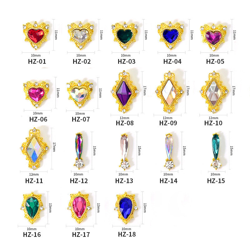 NZJ004 Luxury Metal Heart Alloy Nail Charms 3D Nail Art Rhinestone Crystal Zircon For Manicure Decoration Accessories