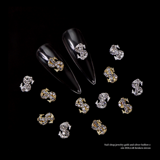 NZJ067 Nail Jewelry Gold Silver Dollar Coin Symbol Light Luxury Flash Diamond 3D Nail Jewelry