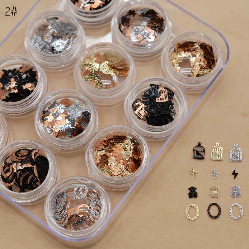 NRD012 1 box Gold Hollow Out Nail Glitter Sequins Mixed Flowers Star Designs Metal Thin Slice Paillette Polish Nails