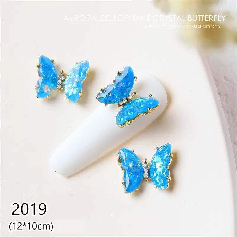 NZJ030 3D Crystal Butterfly Nail Art Charms Aurora Clear Glass Rhinestone AB Color Shiny Alloy