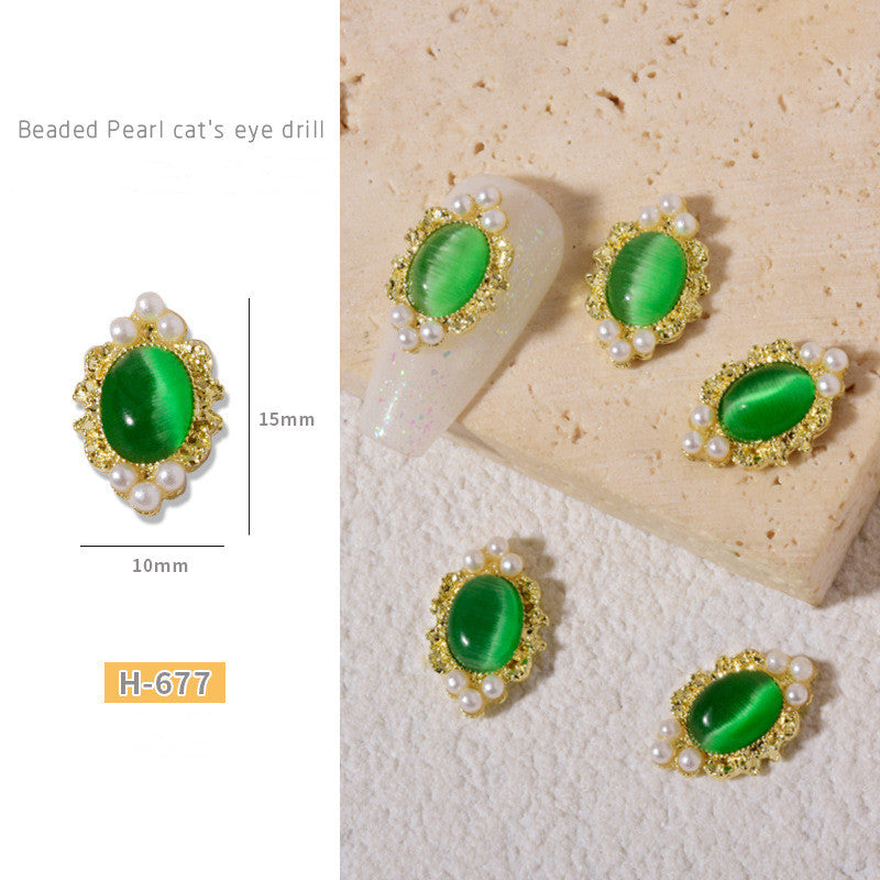 NZJ046 1pcs Cat Eyes Retro Alloy Nail Art Jewelry with Pearls 3D Opal Cat Eye Nail Stones Holographic DIY UV Gel Manicure Decorations