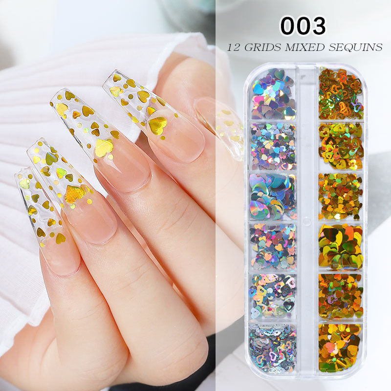 NDE035 ForLife Heart Shape Nail Glitter laser Sequins 3D Nail Art Decorations Flakes Tips 12 Color DIY Manicure sequins
