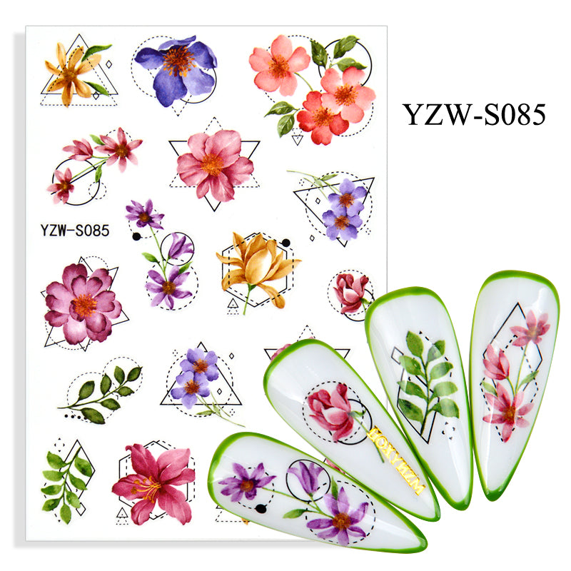 NS5D008   Black Lines Flower Leaves Water Decals Stickers Plant simple line nail stickers